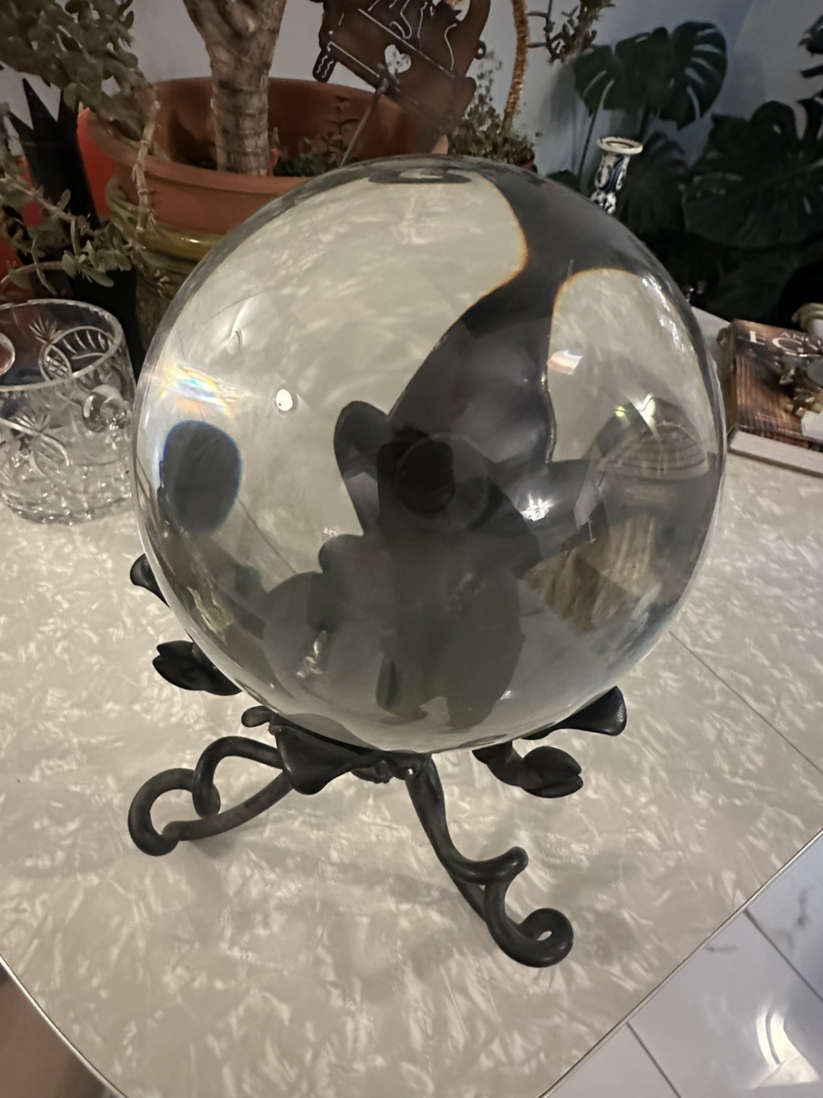Large Victorian / Art Nouveau Crystal Ball Clear Sphere & Iron Snake Stand