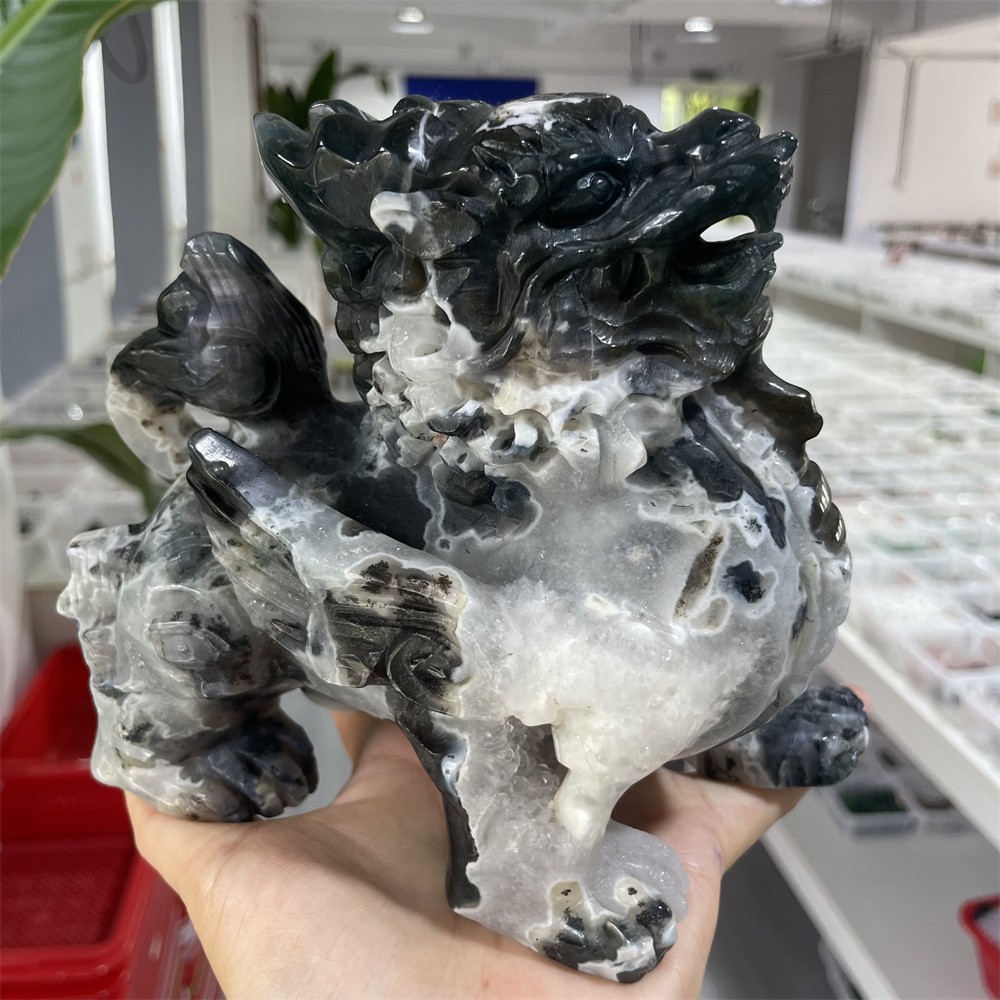 3.9LB 5.9″ Natural Moss Agate Qilin Crystal Quartz Carving Good luck Gift