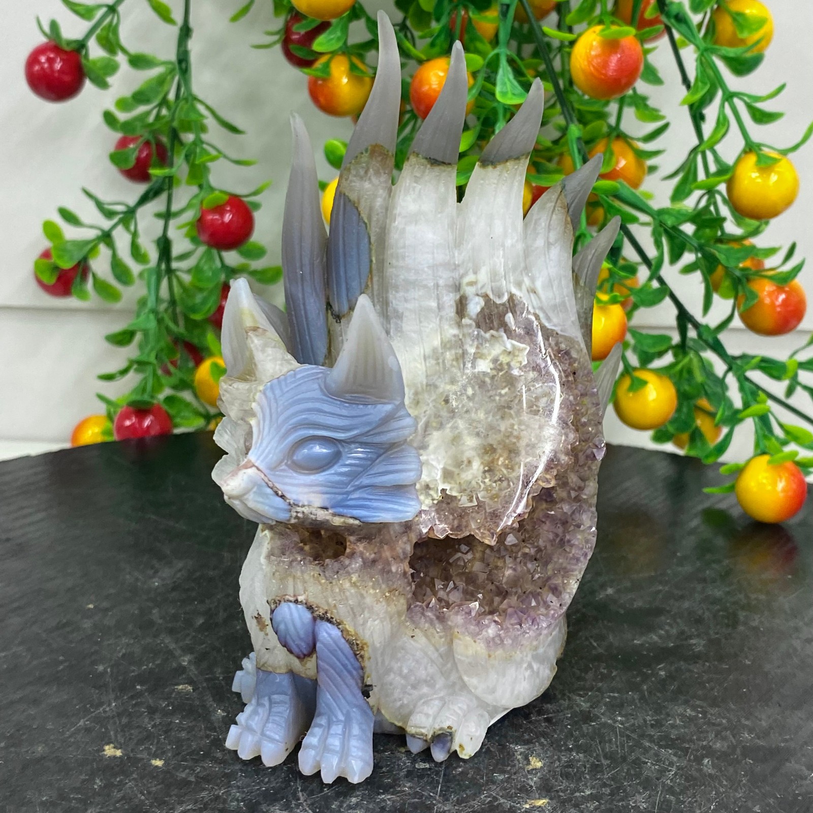 1.45LB Natural Agate Geode Hand Carved Nine-tailed Fox Quartz Crystal Decor