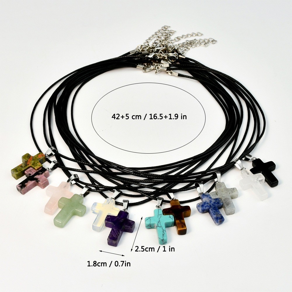 Fashion Crystal Cross Pendant Necklace Mixed Charms on Leather Rope Jewelry
