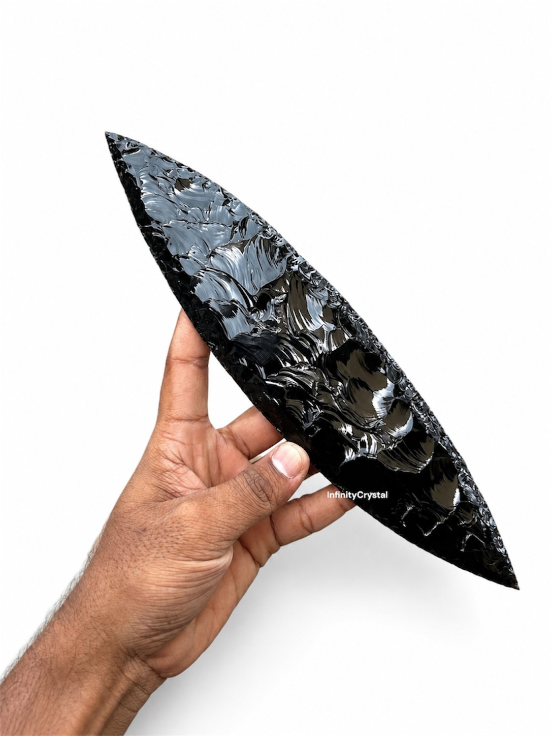 Large Black Obsidian Leaf Point Spearhead Handcrafted Arrowhead Display Piece.