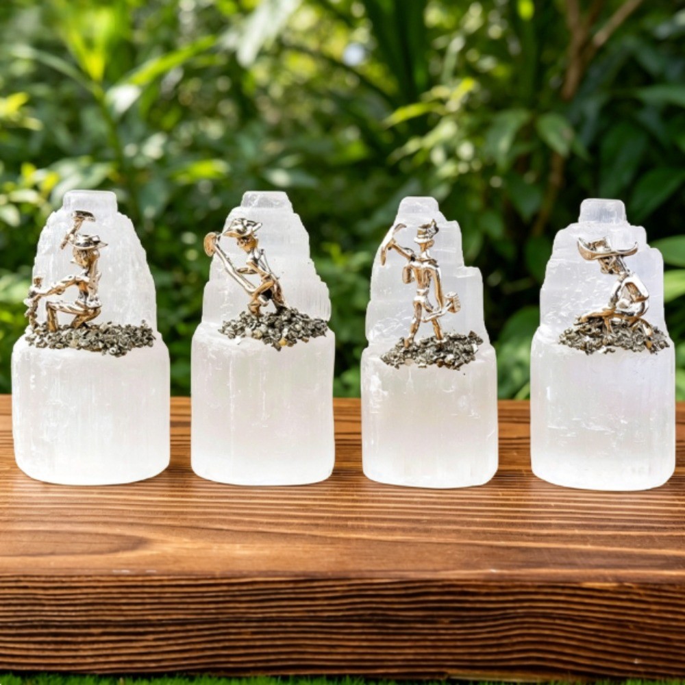 Natural Selenite Tower with Alloy Miner Figurine Pyrite Crystal Healing Decor2pc