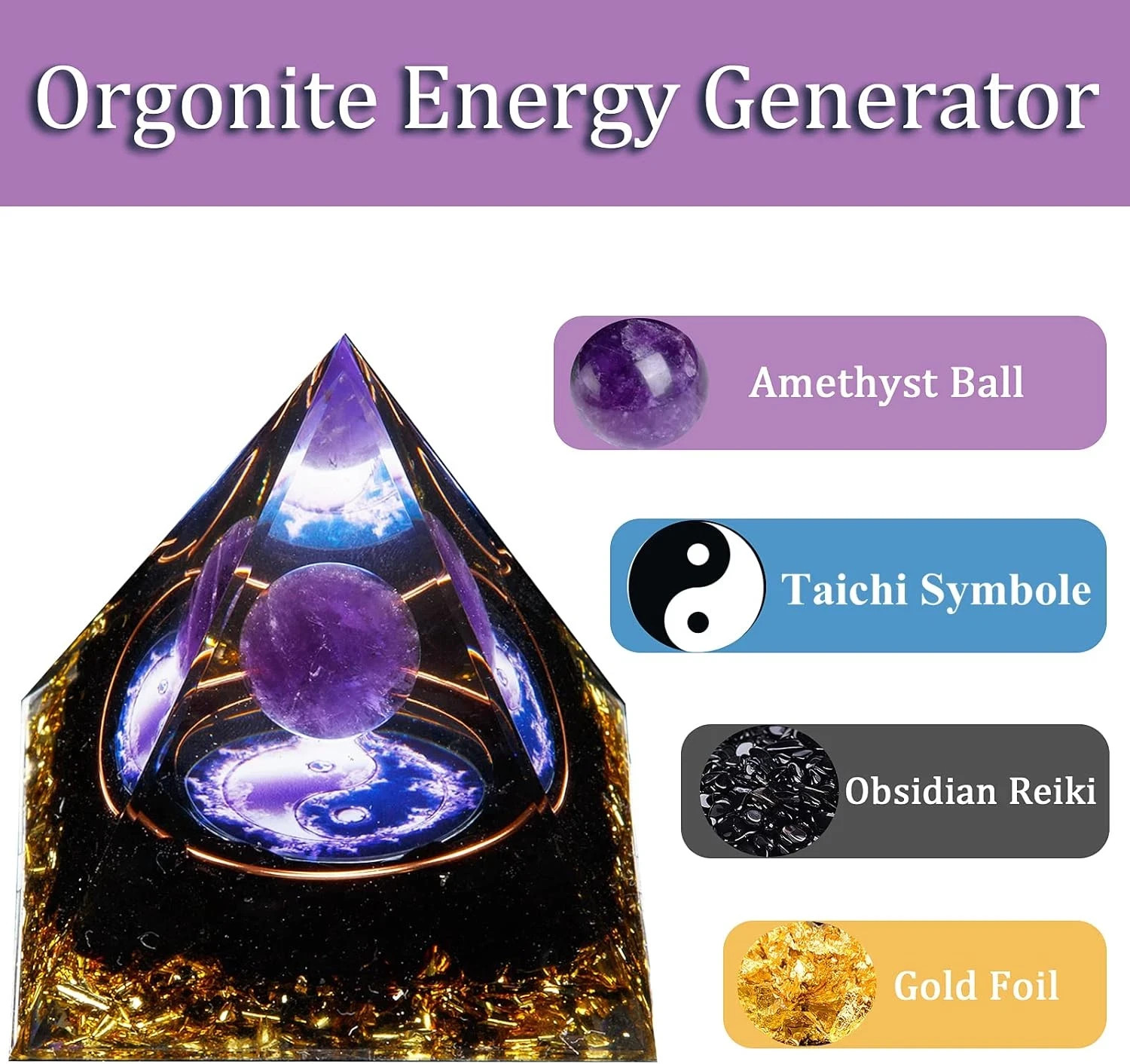 Orgonite Pyramid Amethyst Peridot Healing Crystal Energy Orgone EMF Protection