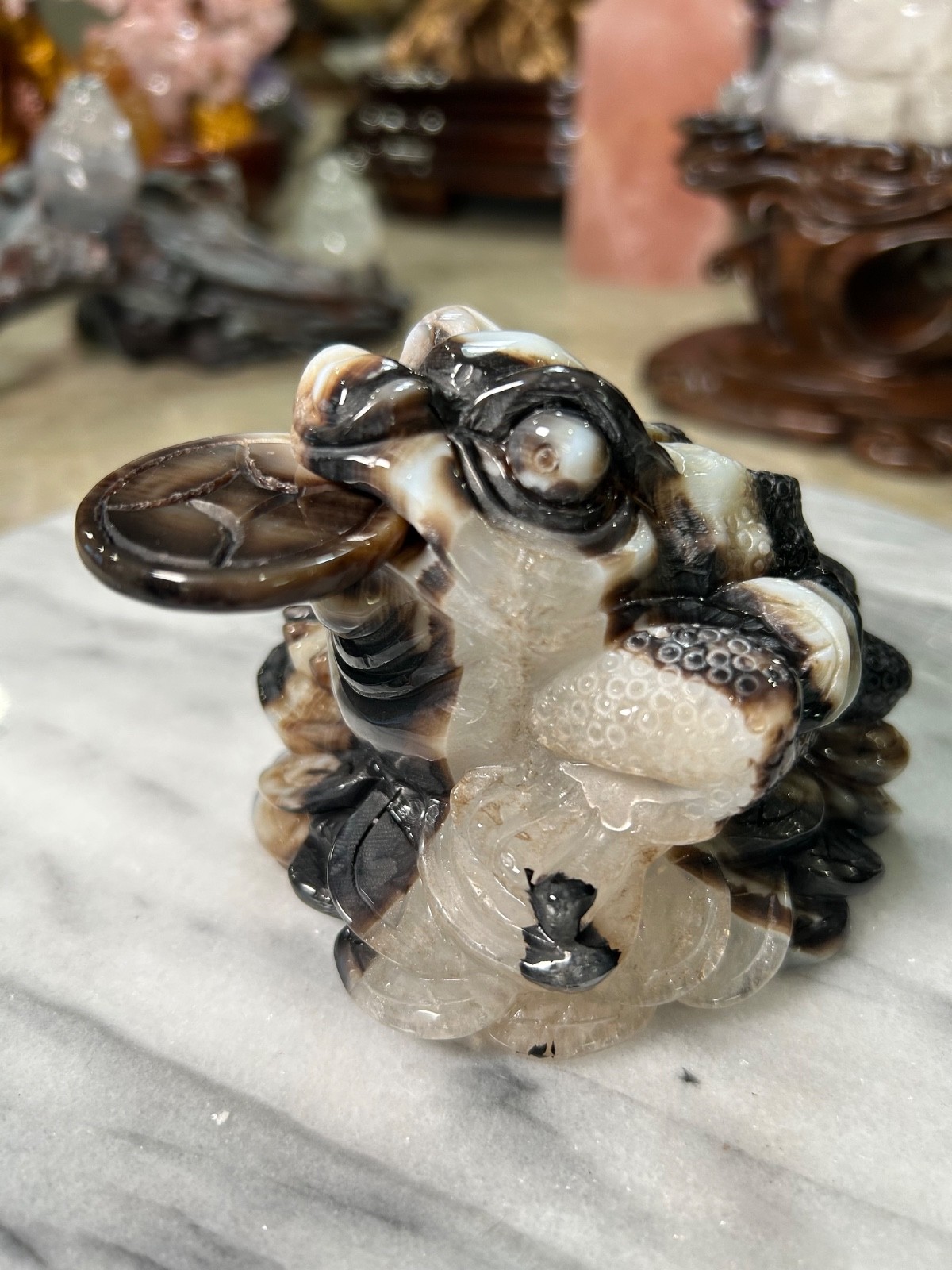 Agate Golden Money Toad Jin Chan with agate coin on sandalwood stand custom