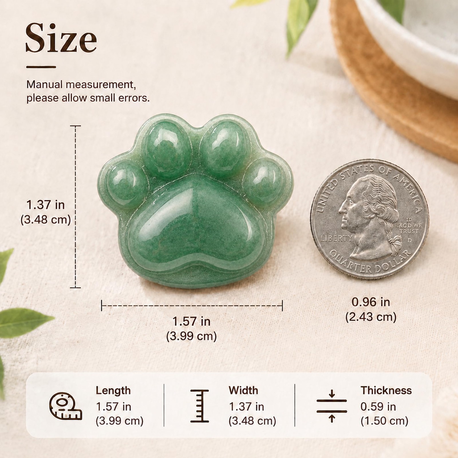 1.6 Inch Green Aventurine Cat Paw Worry Stone, Healing Crystal Palm Stone