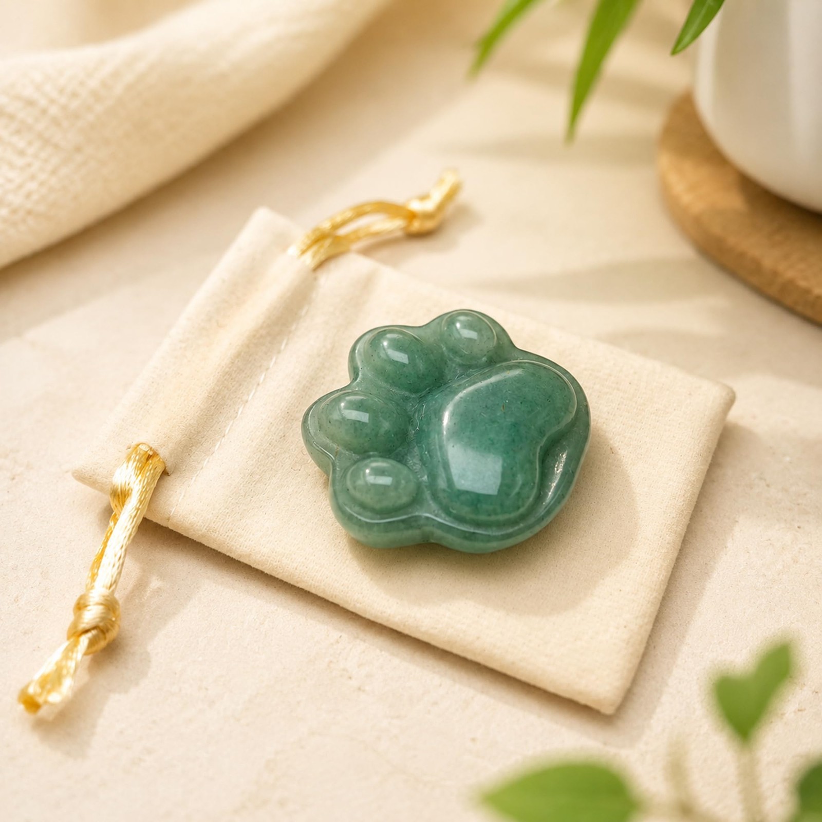 1.6 Inch Green Aventurine Cat Paw Worry Stone, Healing Crystal Palm Stone