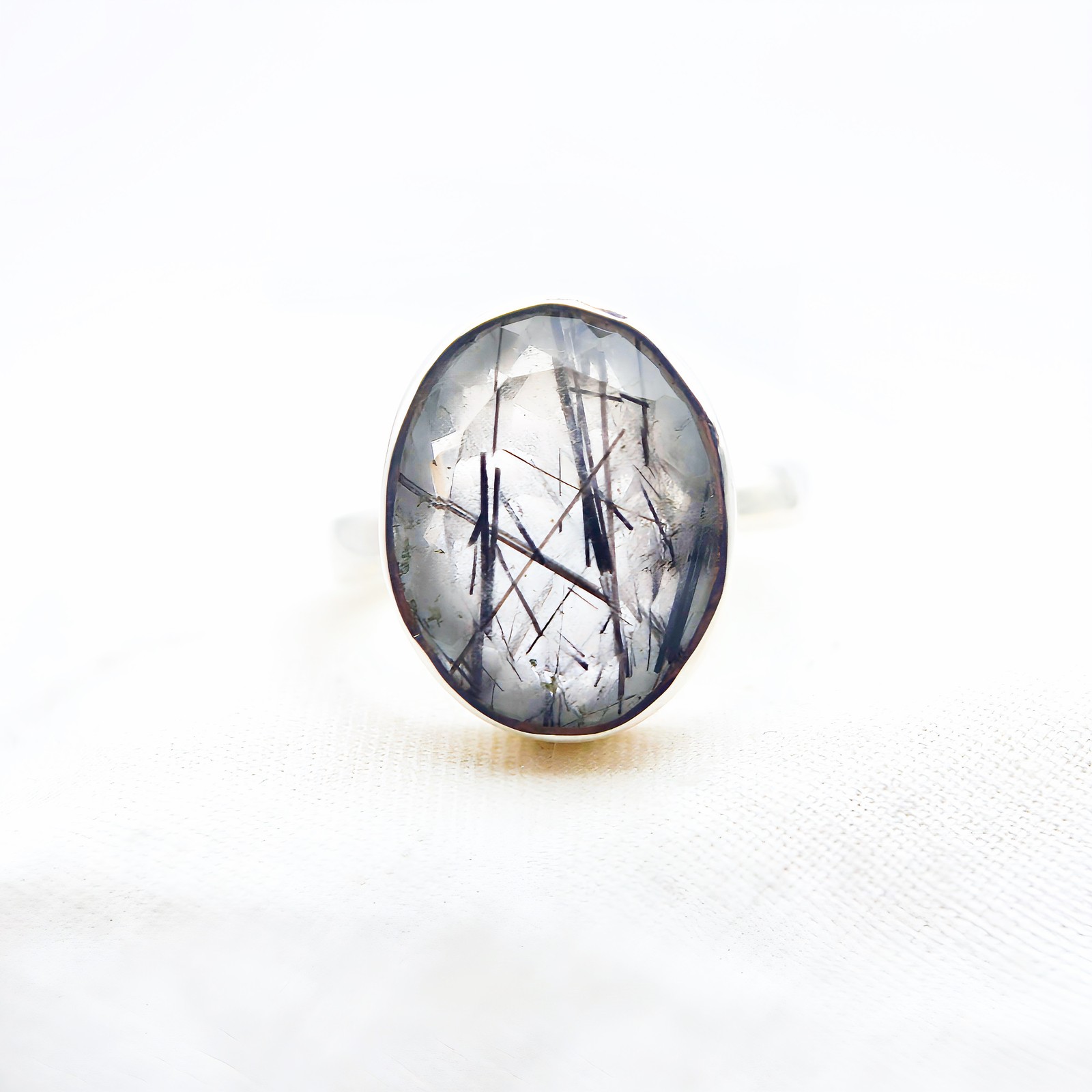 Black Tourmaline Quartz Sterling Silver Ring Natural Crystal UK Size P US Size 8