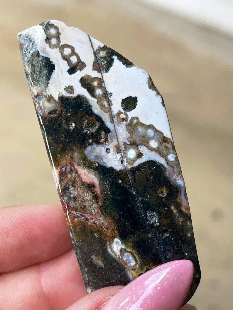 Natural Old Stock Orbicular Ocean Jasper Freeform Crystal Slice