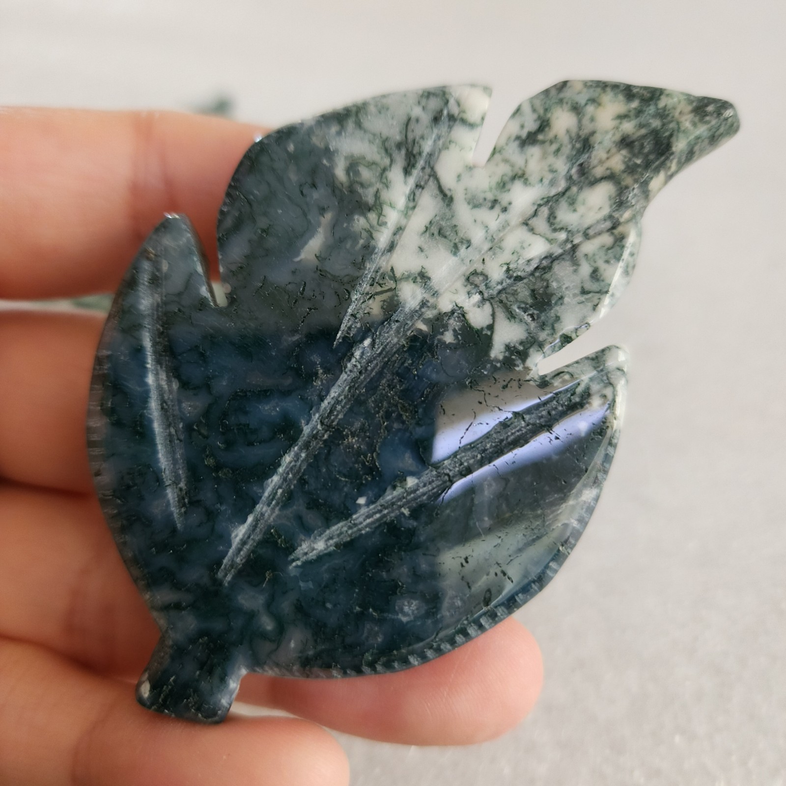 Lot Of 3 Polished Moss Agate Leaf Carvings – USA