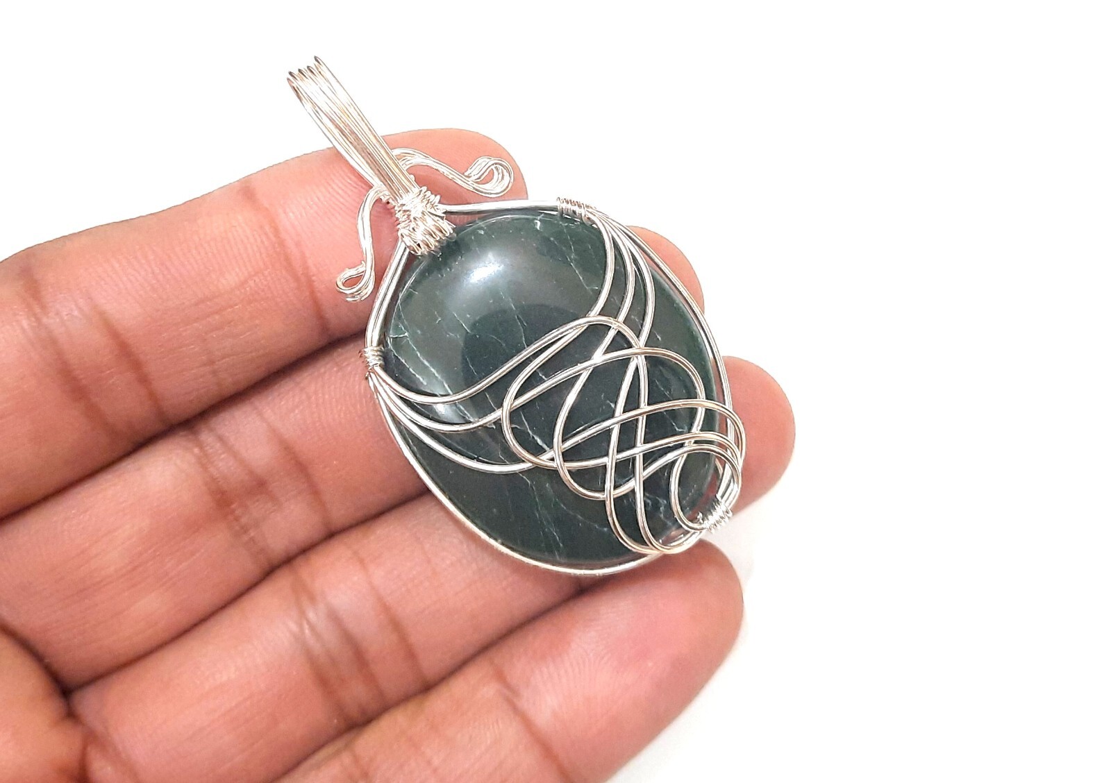 Natural stone Green Jade Wire Wrapped Unisex Pendant with cord and pouch