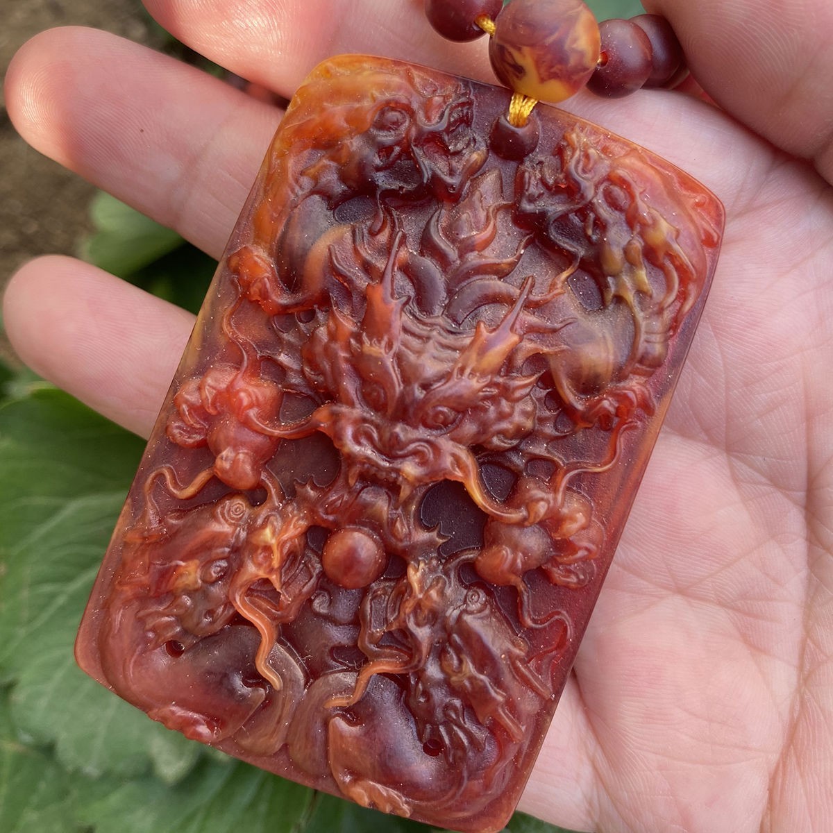 Artificial Wood Red Finish Forest Carved Dragon Pendant Style Chinese Amulet