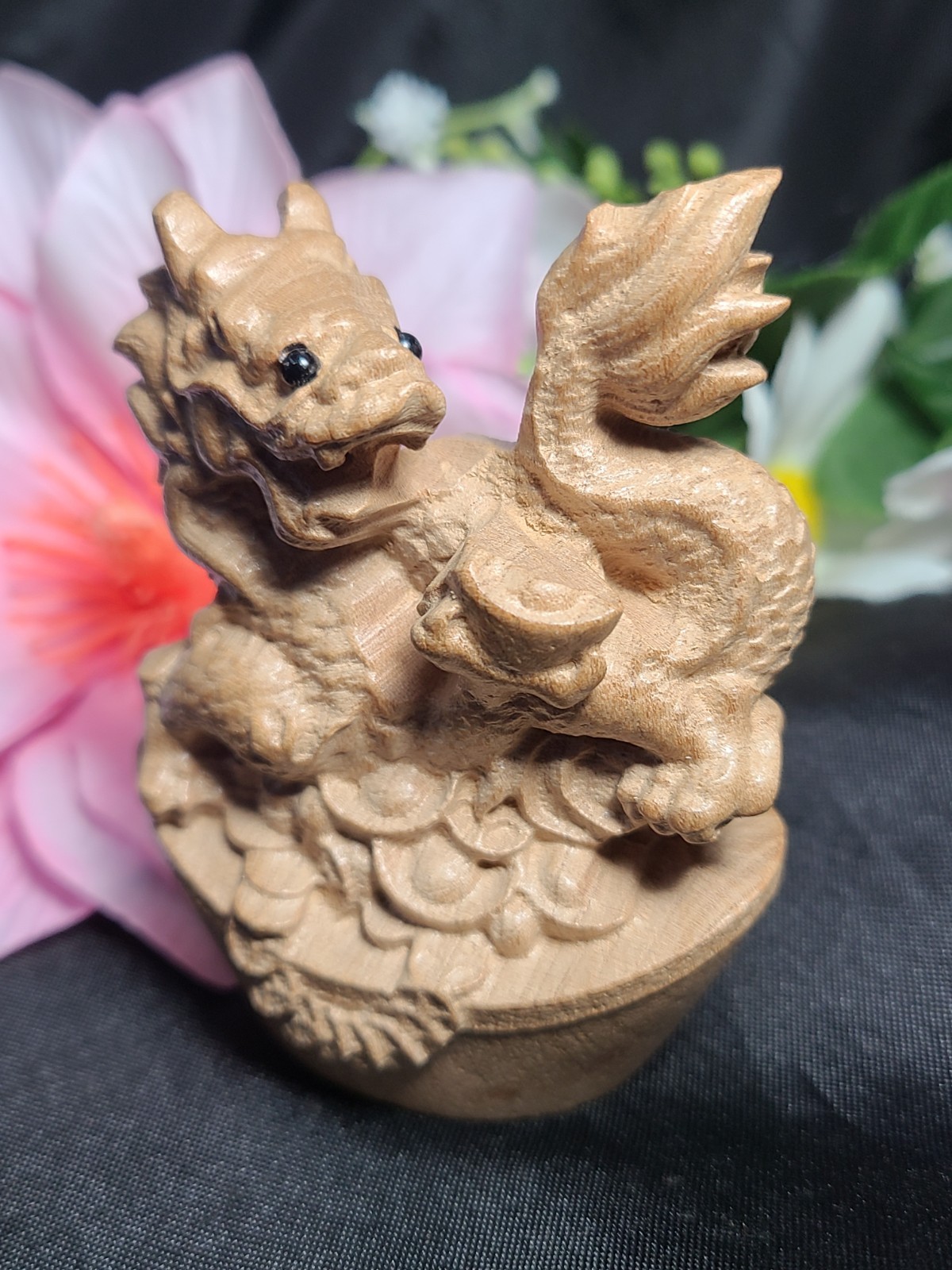 3″ Gorgeous Mini Wooden Chinese Dragon on Ingot with Coins Carving Statue