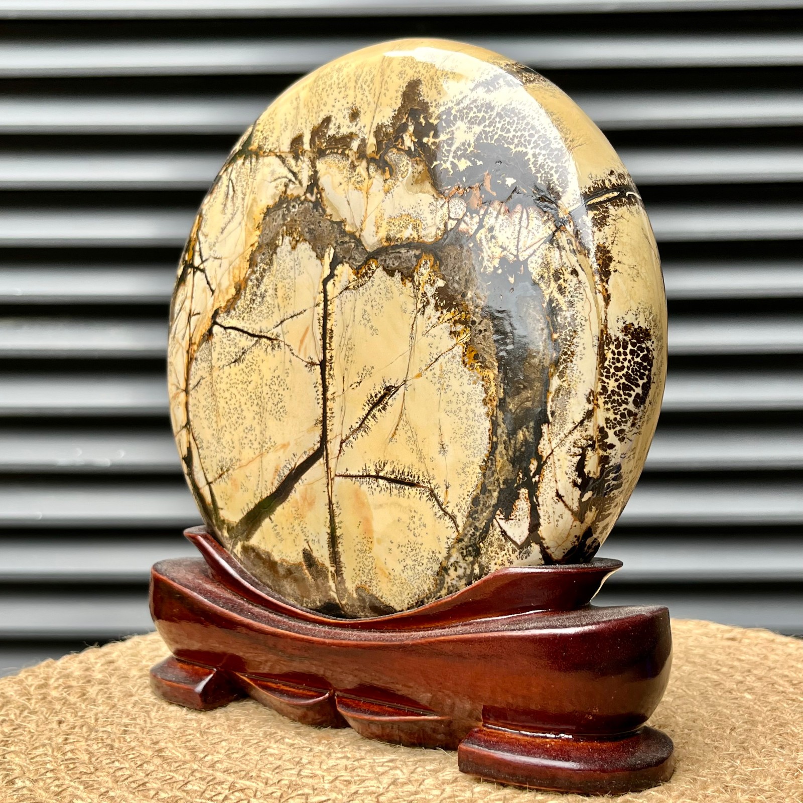 4.4 lb Picture Stone Landscape Art Gift Display w/ Wood Stand Decor