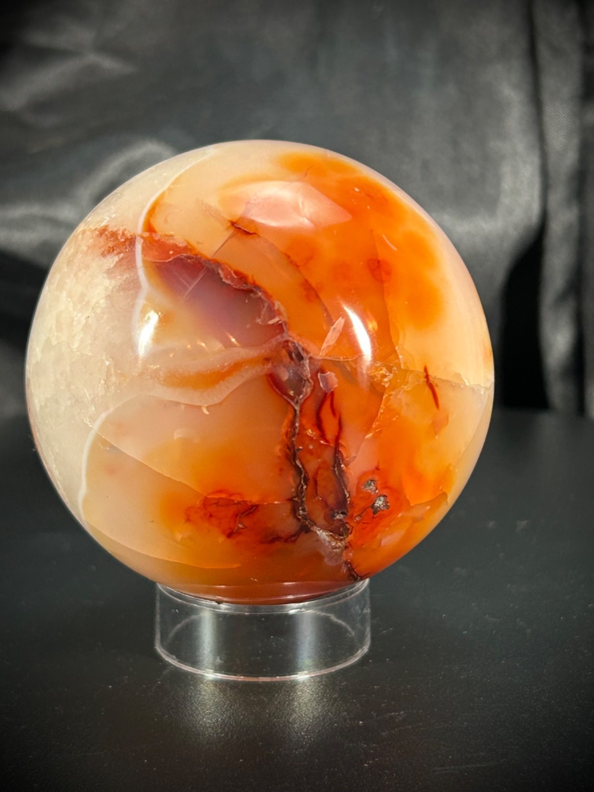 2.6″ Carnelian And Quartz Sphere With Acrylic Stand 14.3oz (405 grams)