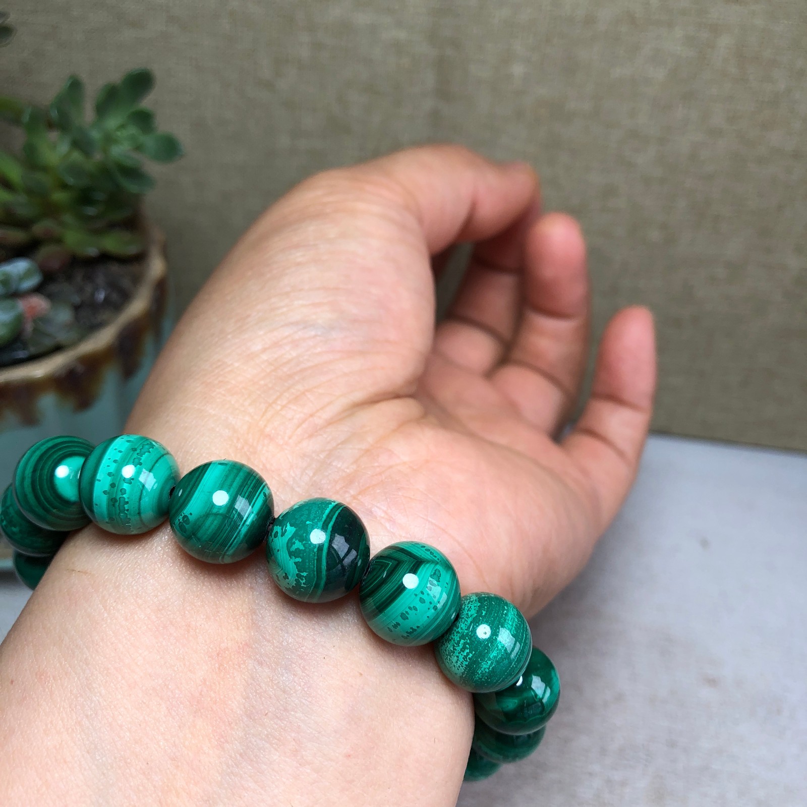 12mm Natural malachite gemstone Crystal chain beads bracelet 67g A4759