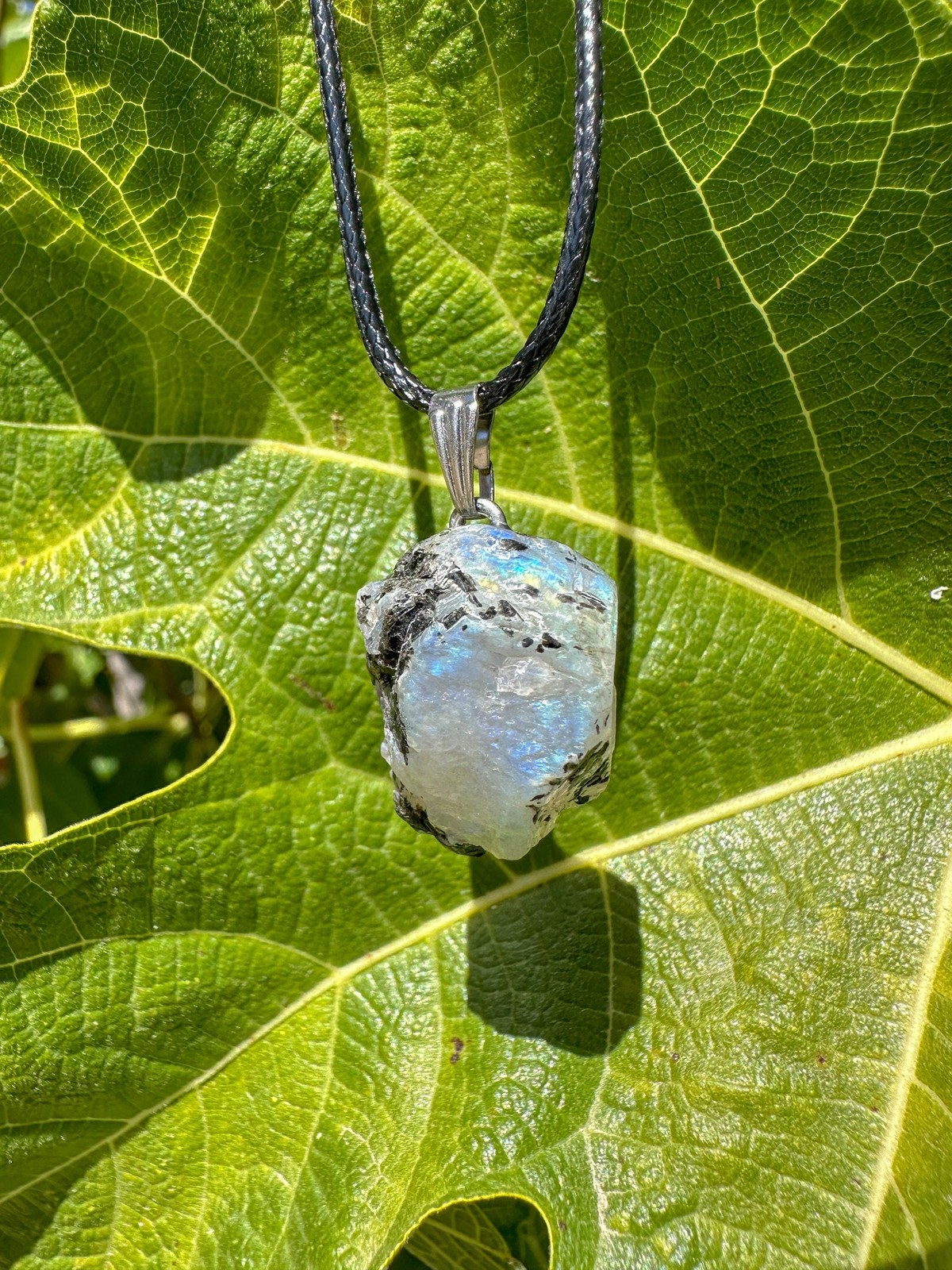 Rough Rainbow Moonstone Pendant / Raw White Blue Moonstone Crystal Necklace