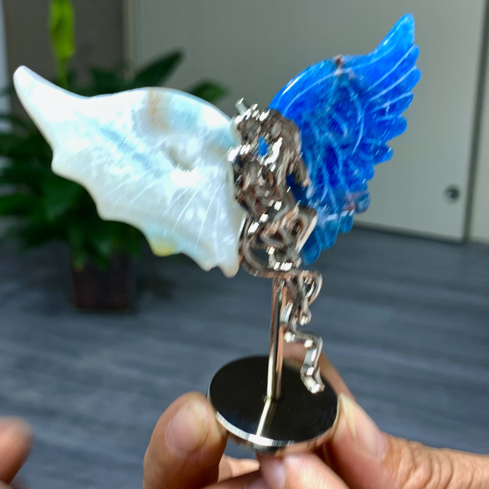 45G Natural hemimorphite and blue apatite hand carved devil angel wing specimen