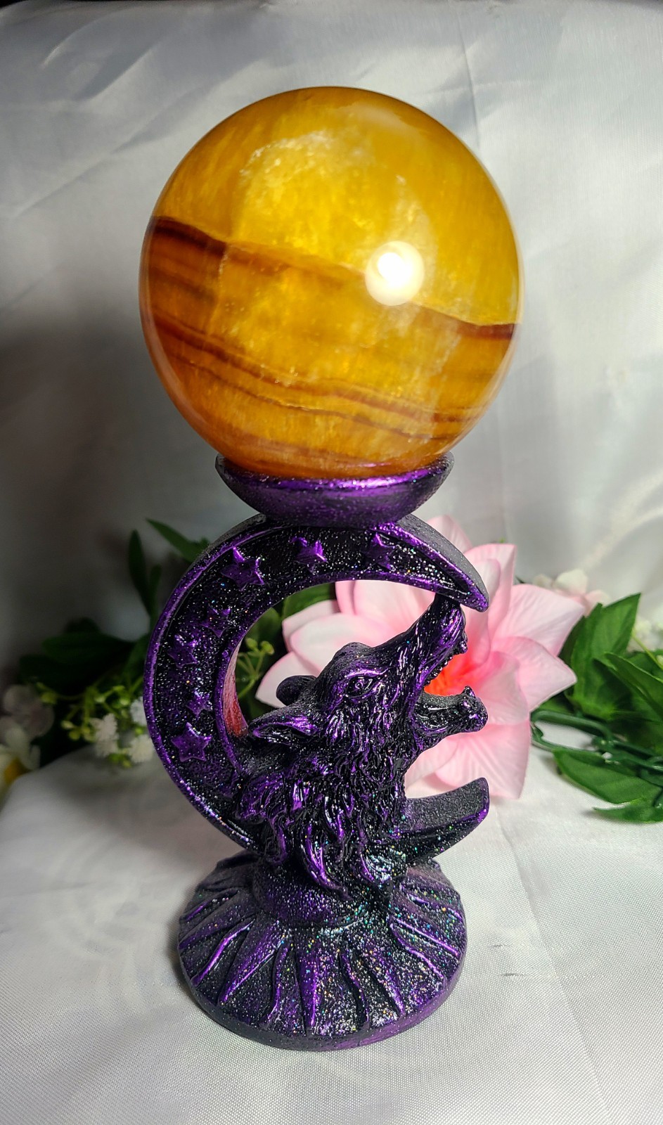 Sparkling Purple Wolf Crescent Moon Stars Resin Sphere Stand Crystal Ball Holder