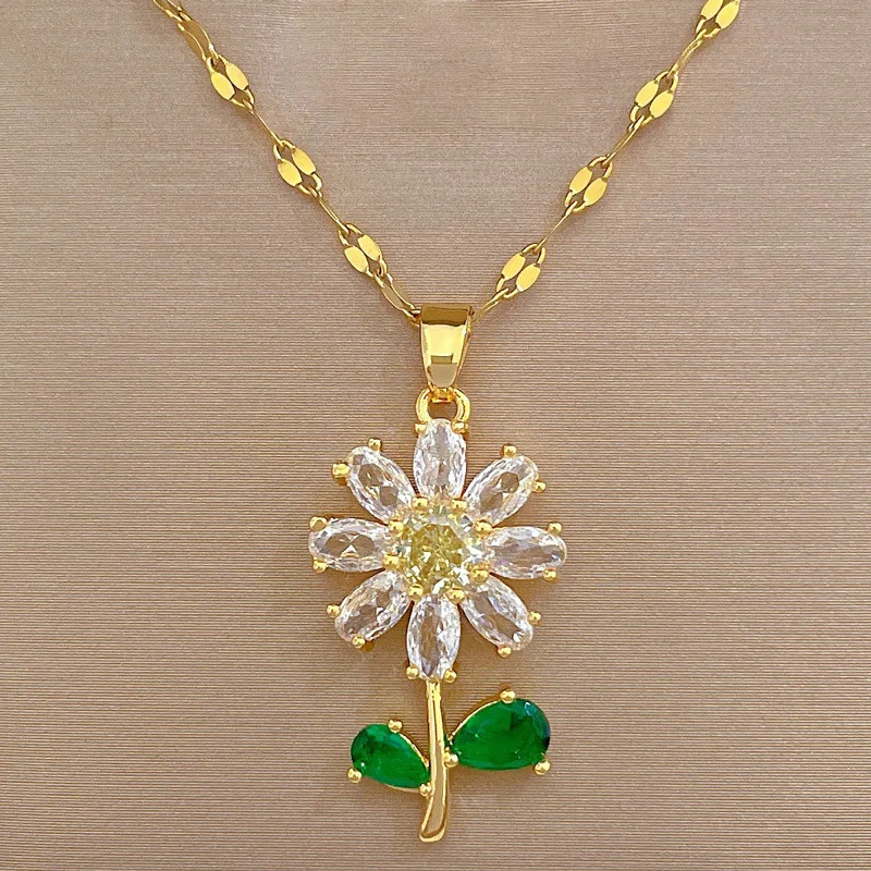 Women’s Fashion Jewelry Gold Cubic Zircon Sunflower Earrings Necklace Set Reiki