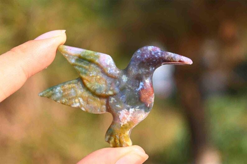 1.6”Natural Ocean jasper Hummingbird Reiki Crystal skull carved Healing gift 1x
