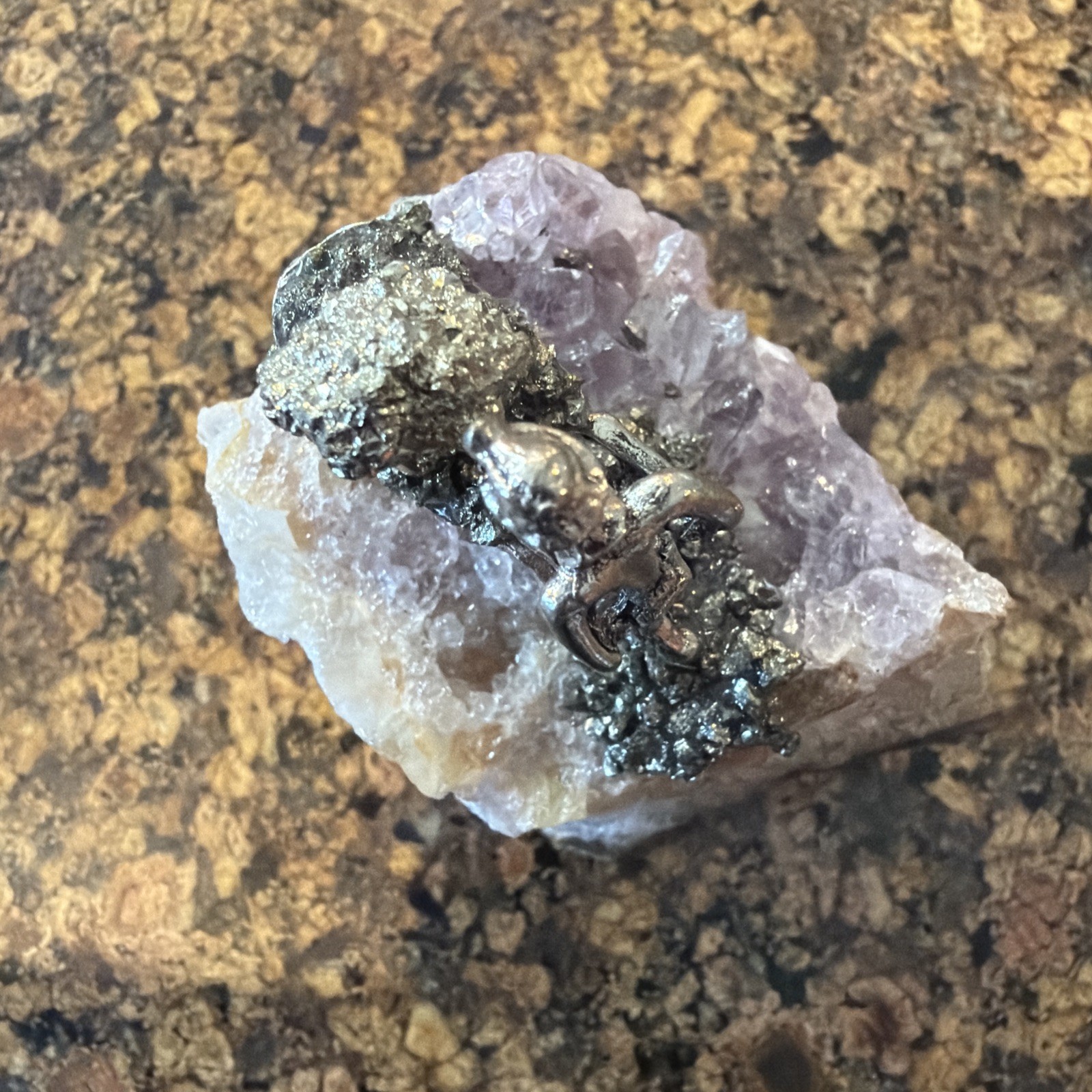 Pewter Gold Miner mining On Amethyst Cluster Prospector Pyrite 2.5”x2.5”x1.5”