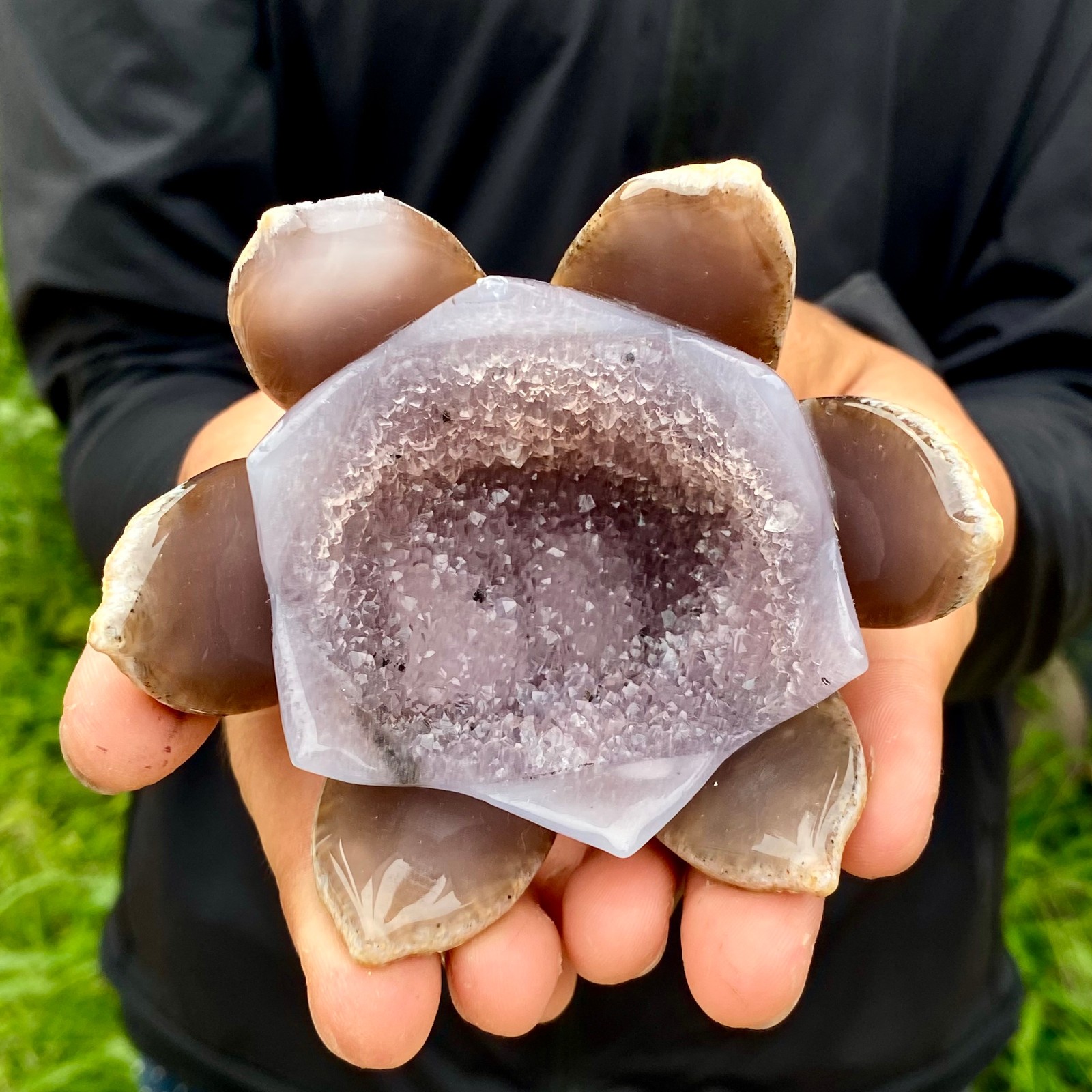 300G Natural Agate Geode Carved Lotus Flower, Hand Carved Healing Crystal Home