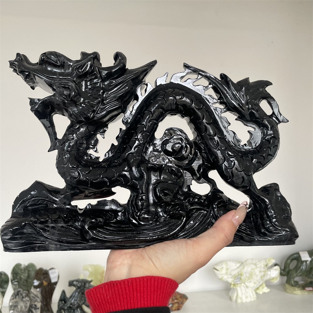 7.1LB 11″ Natural Black Obsidian Dragon Carving Crystal Quartz Reiki Statue