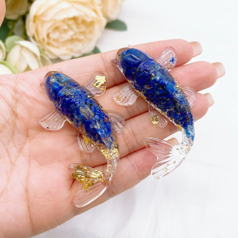 10Pcs Natural Lapis Lazuli Quartz Crystal Gravel Koi Healing Carp Resin Statue