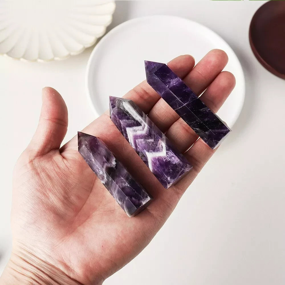 Chevron Amethyst Tower Point Natural Stone Obelisk Healing Reiki Home Decor Gift
