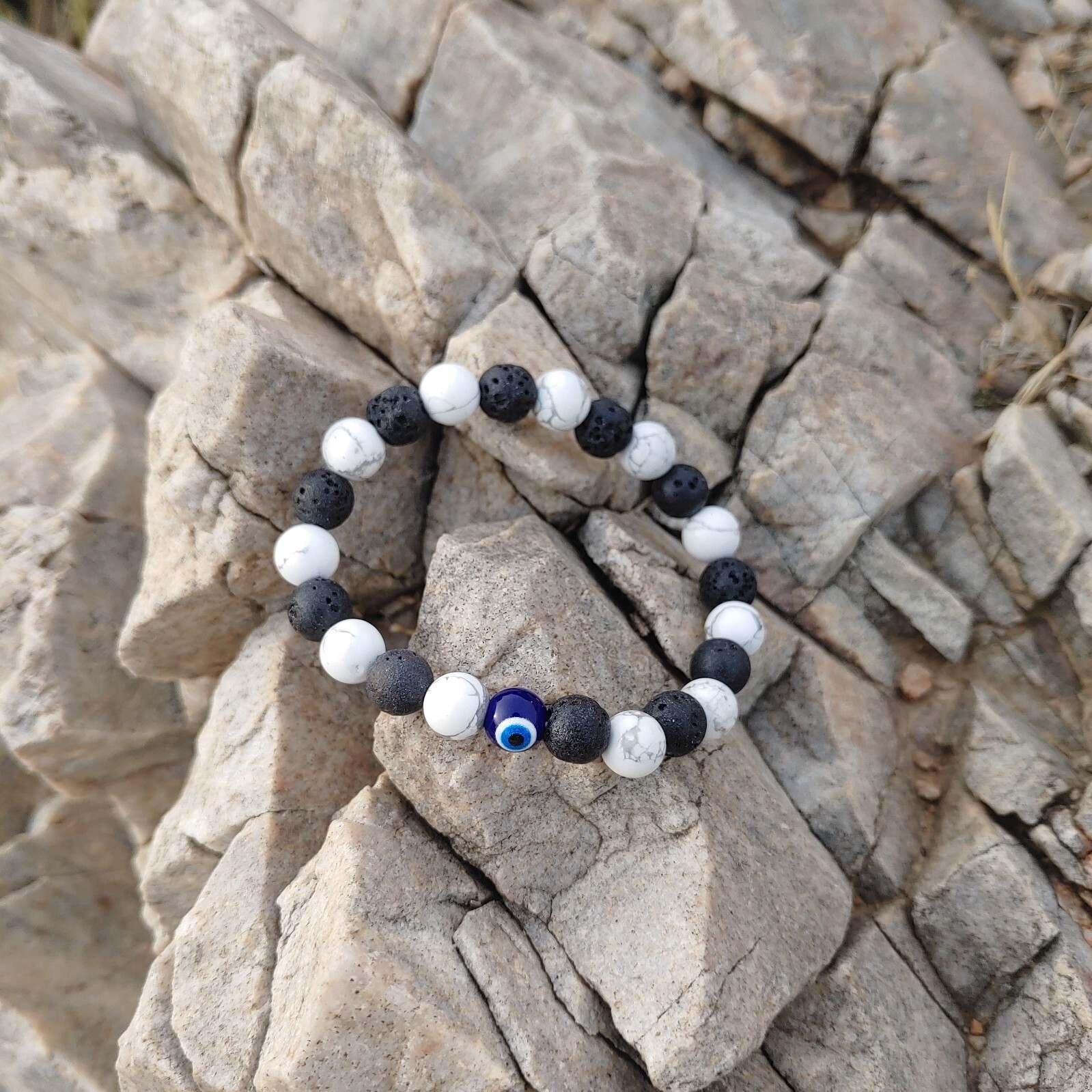 Lava Stone, Howlite & Evil Eye Bracelet – Grounding, Calming & Protection Jewelr
