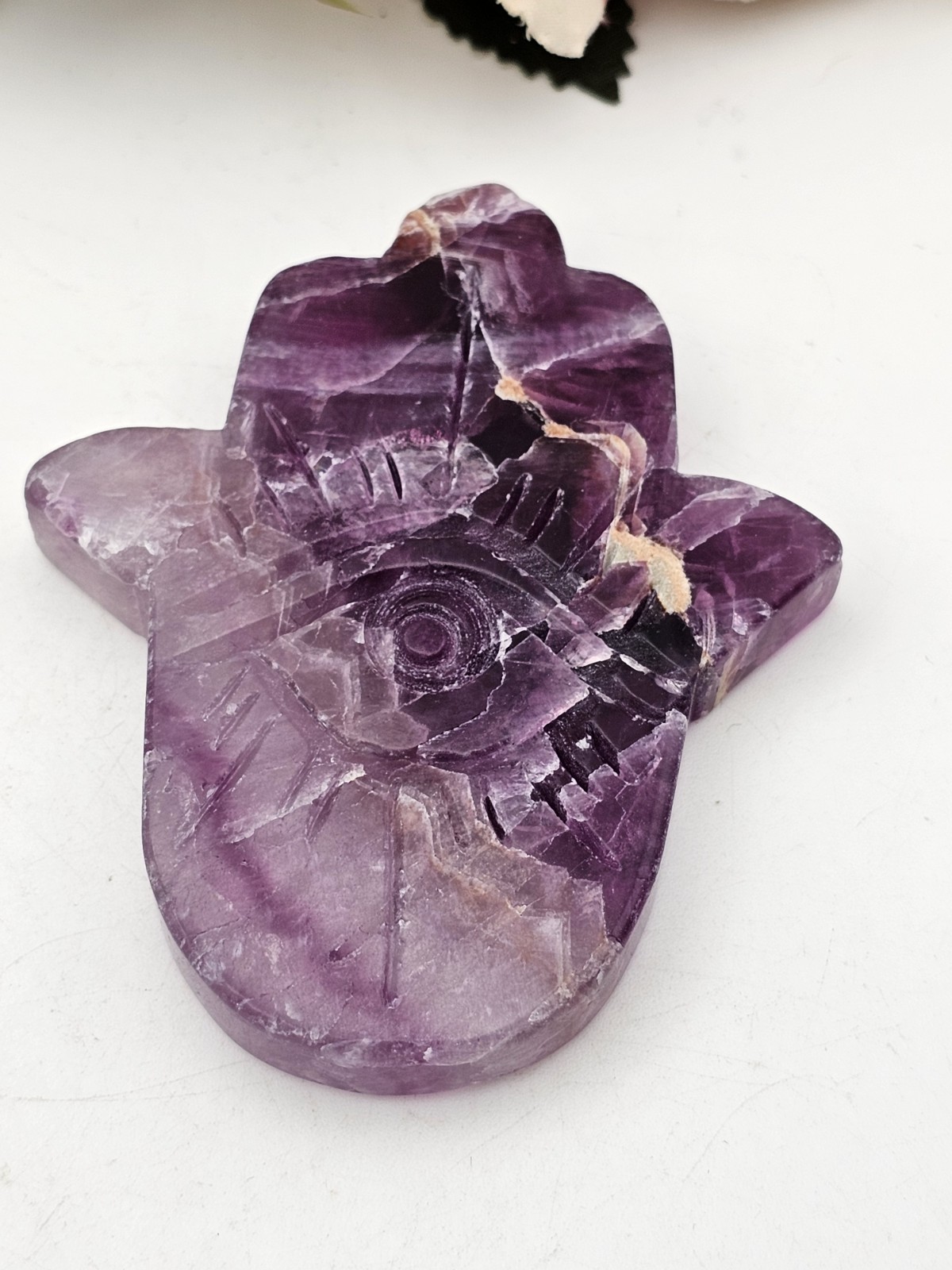 Purple Rainbow Fluorite Hamsa Hand crystal Carving 7.8cm 91g
