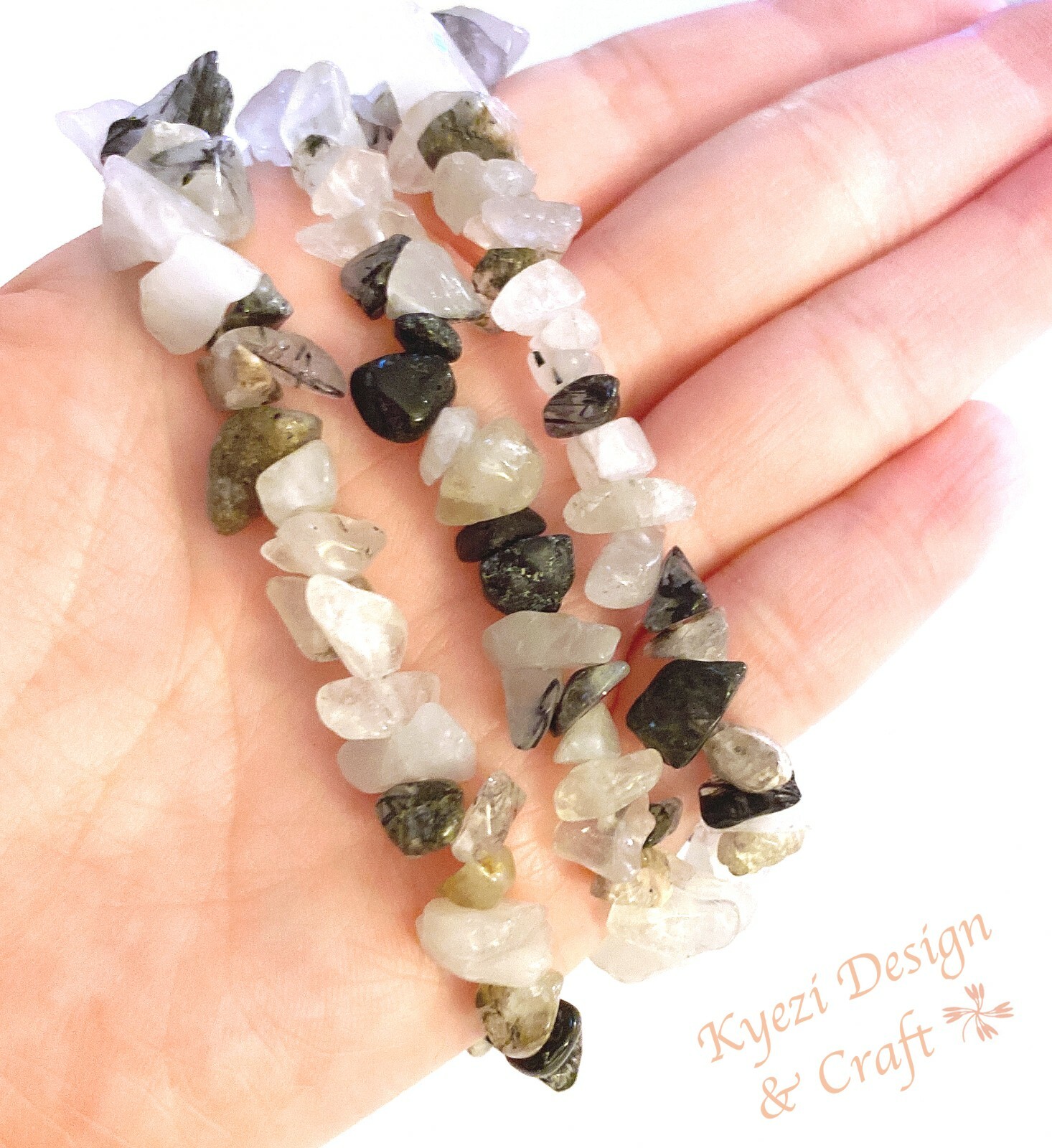 Tourmalinated Quartz Natural Crystal Gemstone Chip Stretchy Jewelry Bracelet