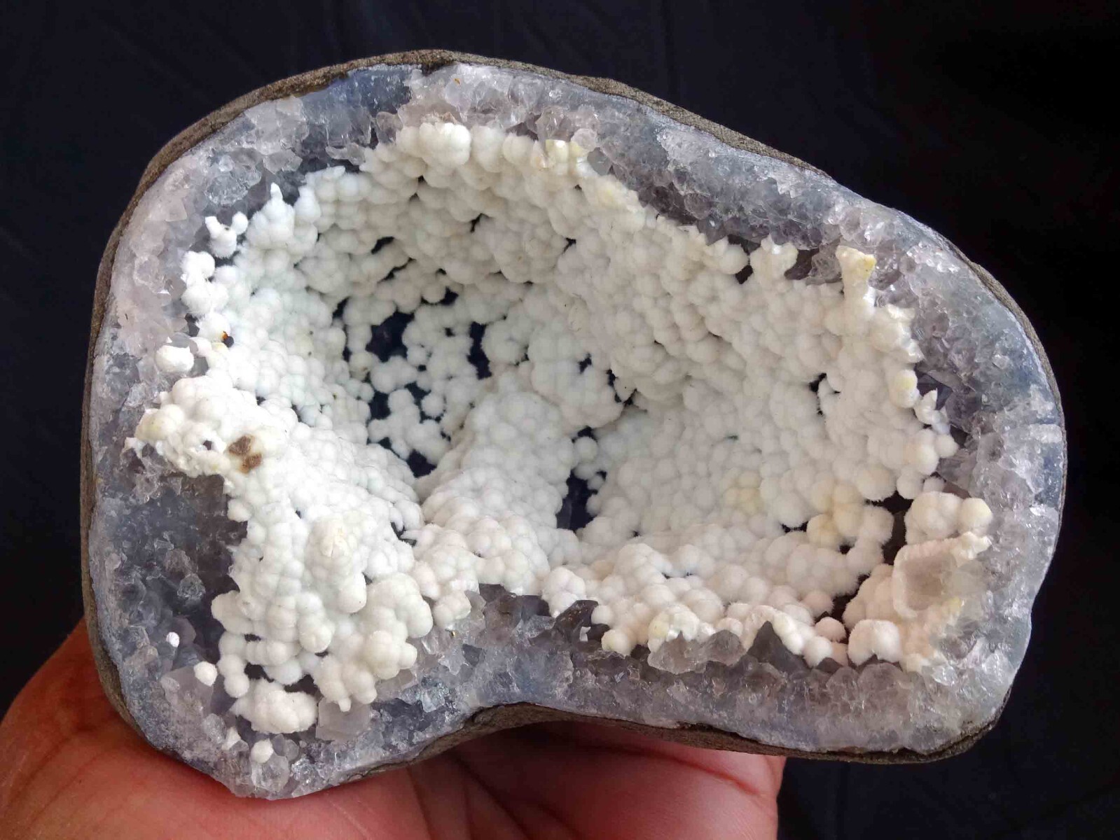 SUPERB OKENITE CLUSTERS IN AMETHYST MATRIX GEODE BASE # 504
