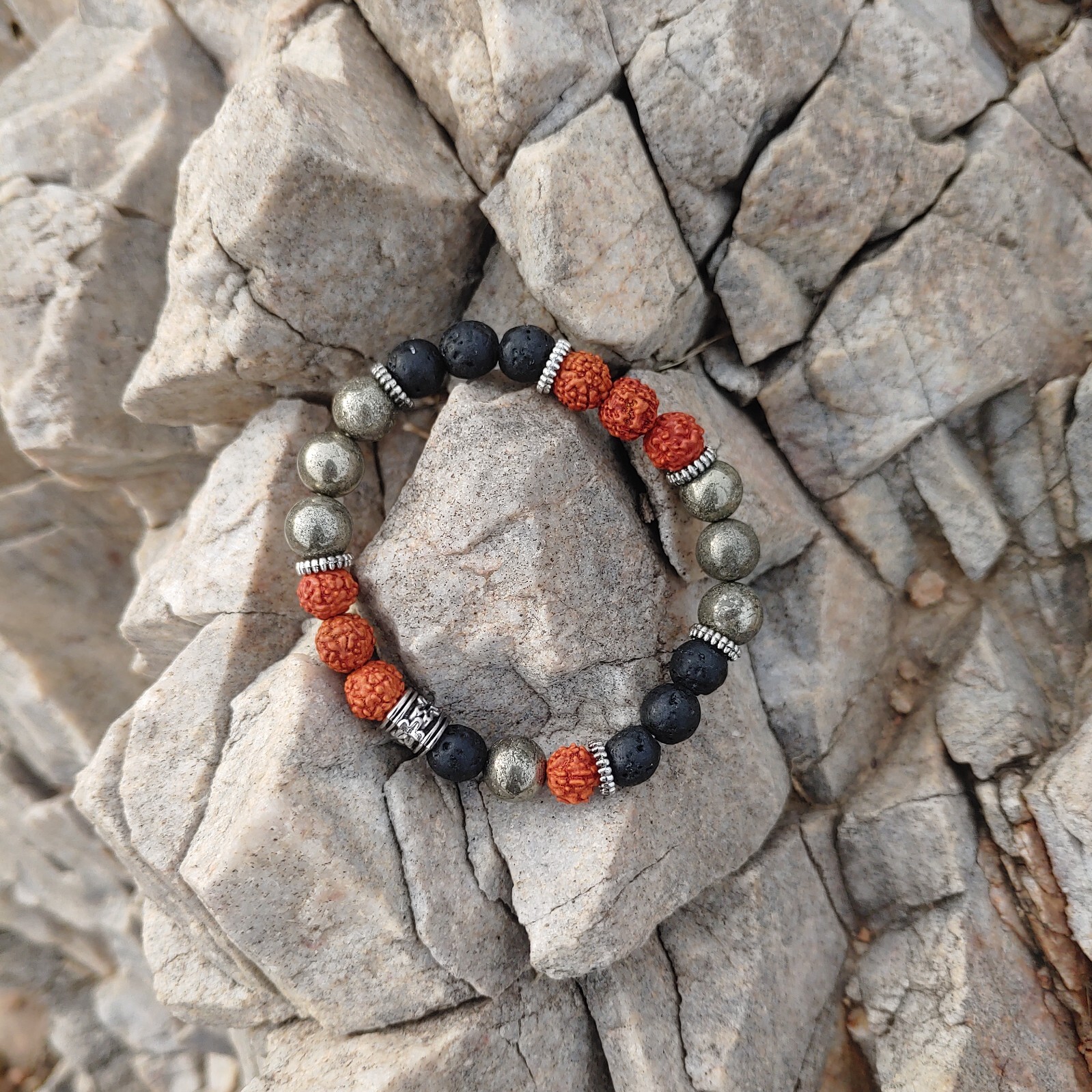 Lava, Rudraksha & Pyrite Triple Beads Bracelet – Grounding, Protection & Abundan