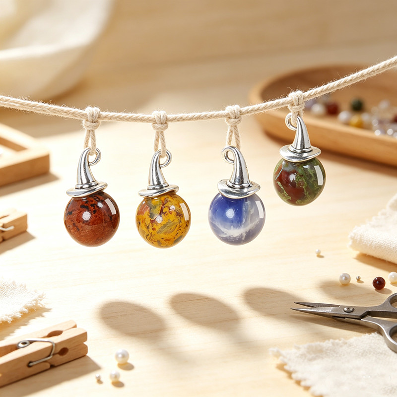 10pcs Natural Stone DIY Ornaments 14mm Ball with Witch Hat for Halloween Decor
