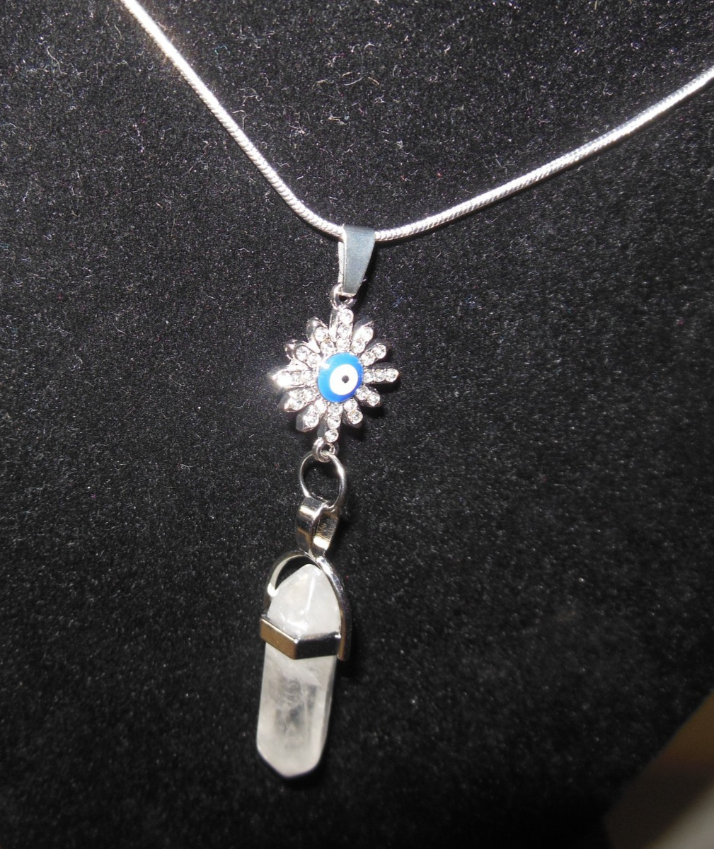 White/Clear Healing Crystal Necklace w/a 30″ .925 Sterling Silver Chain + Sun