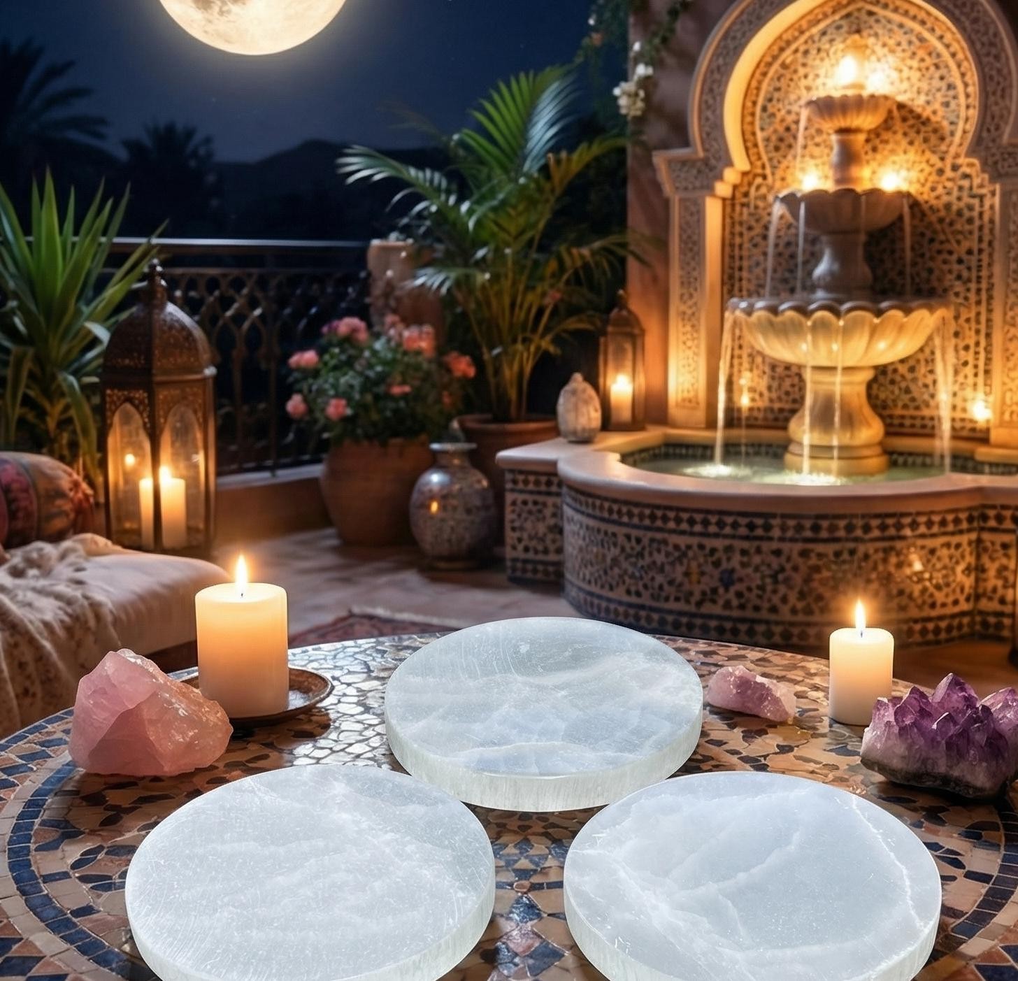 Selenite Satin Spar Crystal Round Circle Plate (4 Inches) Natural Genuine Decor
