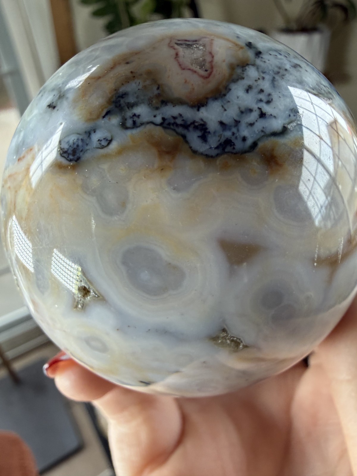 8th Vein Ocean Jasper Sphere – Blue, White, Brown & Green Orbs – 11.43 oz