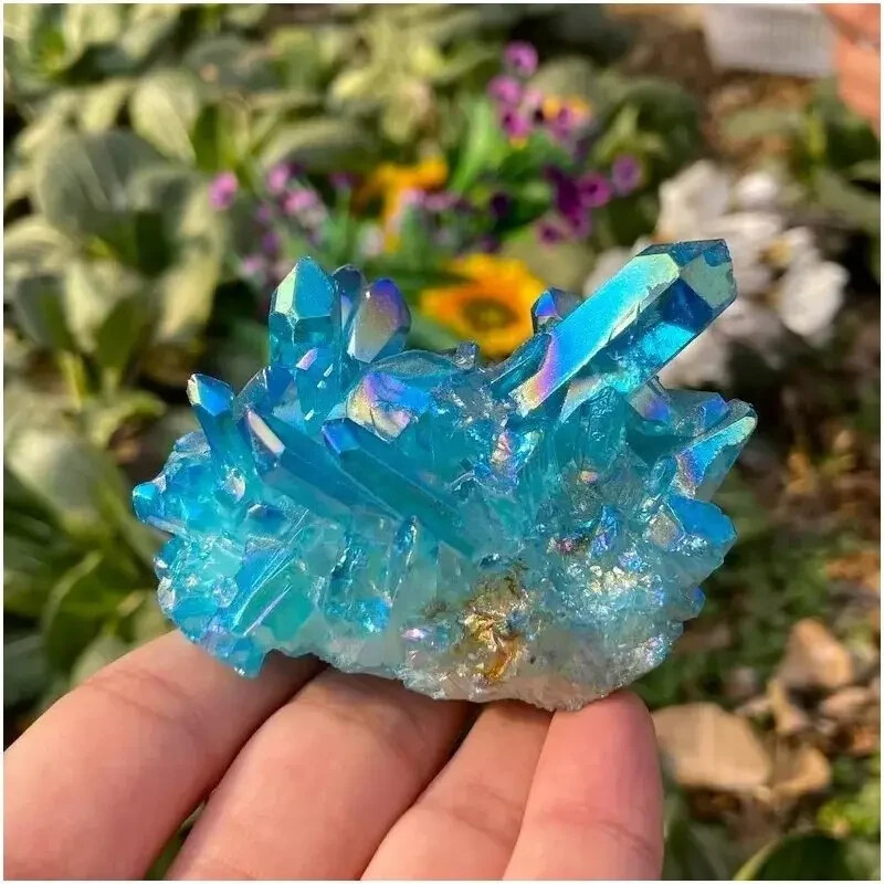 100G Titanium Aura Blue Crystal Rainbow Healing Cluster Geode Rock Decor Gift