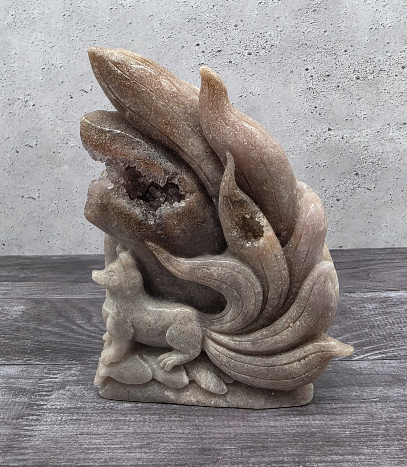 Pink Amethyst Druzy 9 Nine Tailed Fox Hand Carved Crystal Sculpture 2lb 10oz