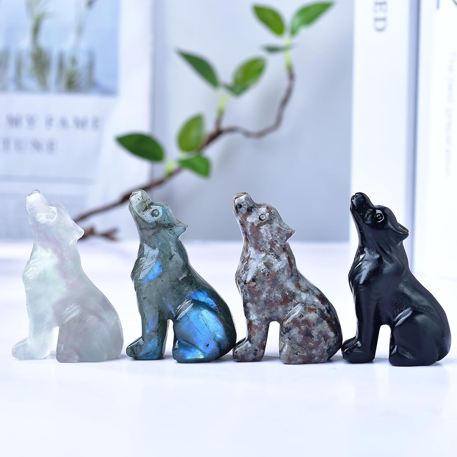 2.1 Inch Labradorite Wolf Crystal Statue, Wolf Totem Figurines Stone Energy G…