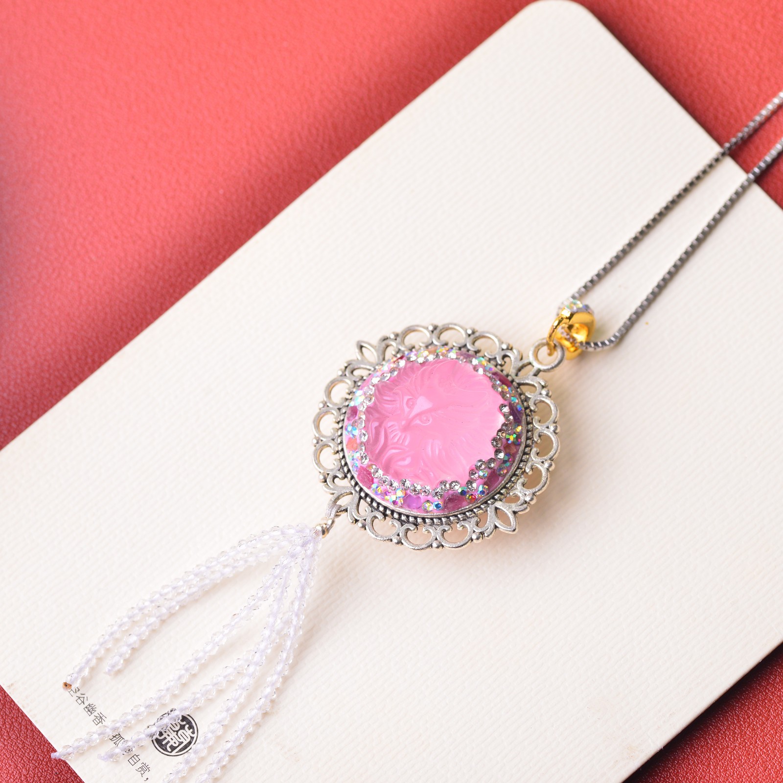 Pink crystal carved fox inlaid alloy necklace gemstone jewelry Energy Crystal