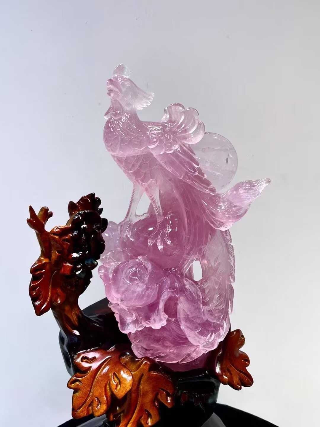 4.3LB Natural Pink Rose Quartz Carved Phoenix Skull Crystal Reiki Decor+Stand