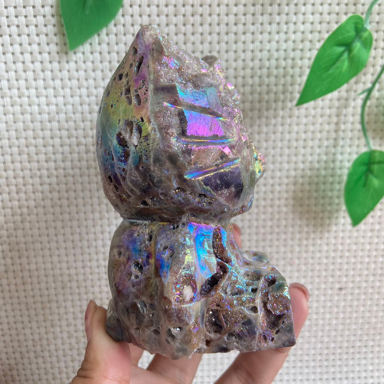 470g Druzy Sphalerite Hello Kitty Cat Carving Titanium Angel Aura Quartz Crystal