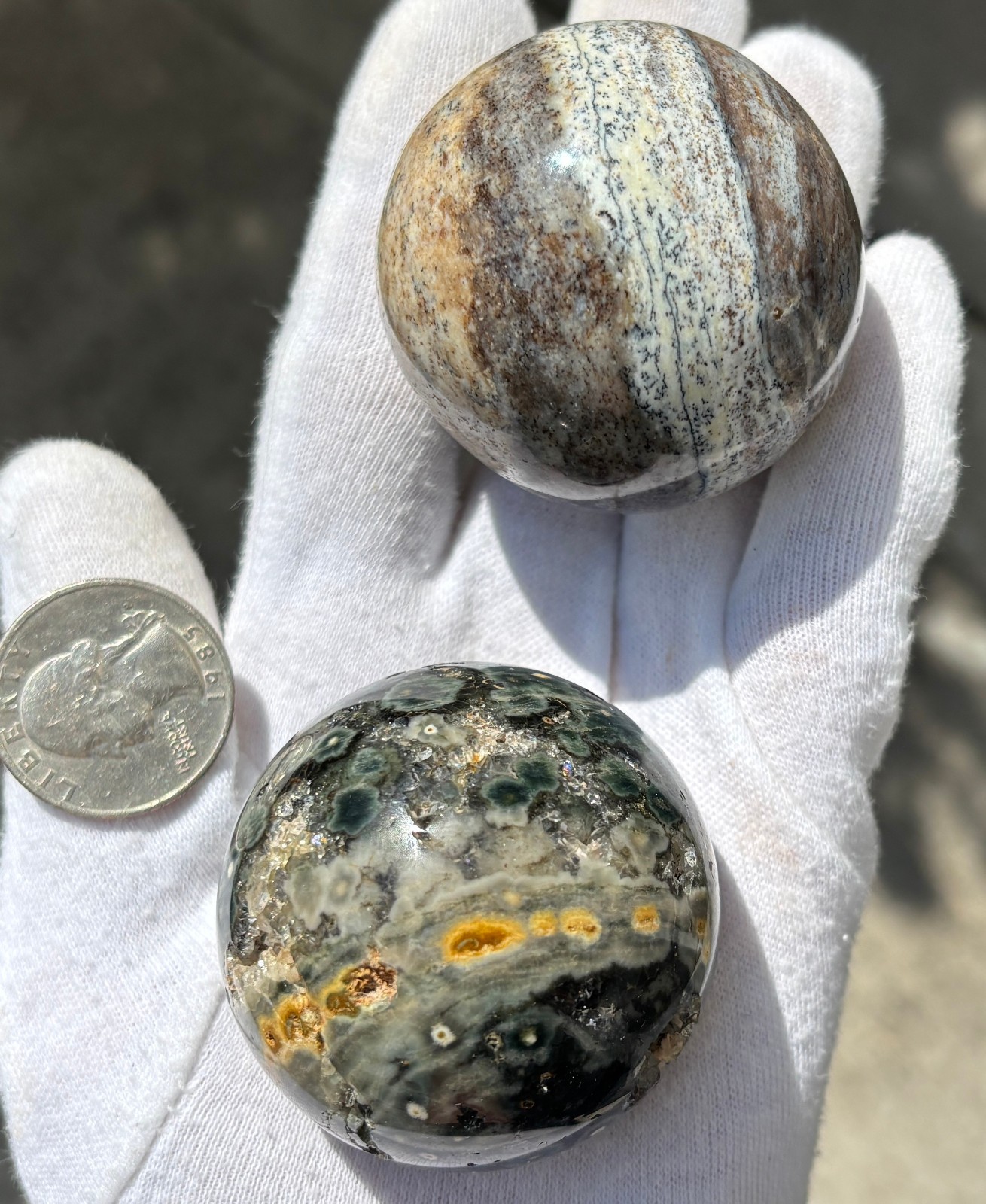 246g LOT 2 OJ OCEAN JASPER SPHERES SPARKLY DRUZY VUGS Kabamby SPHERE ORB ORBS
