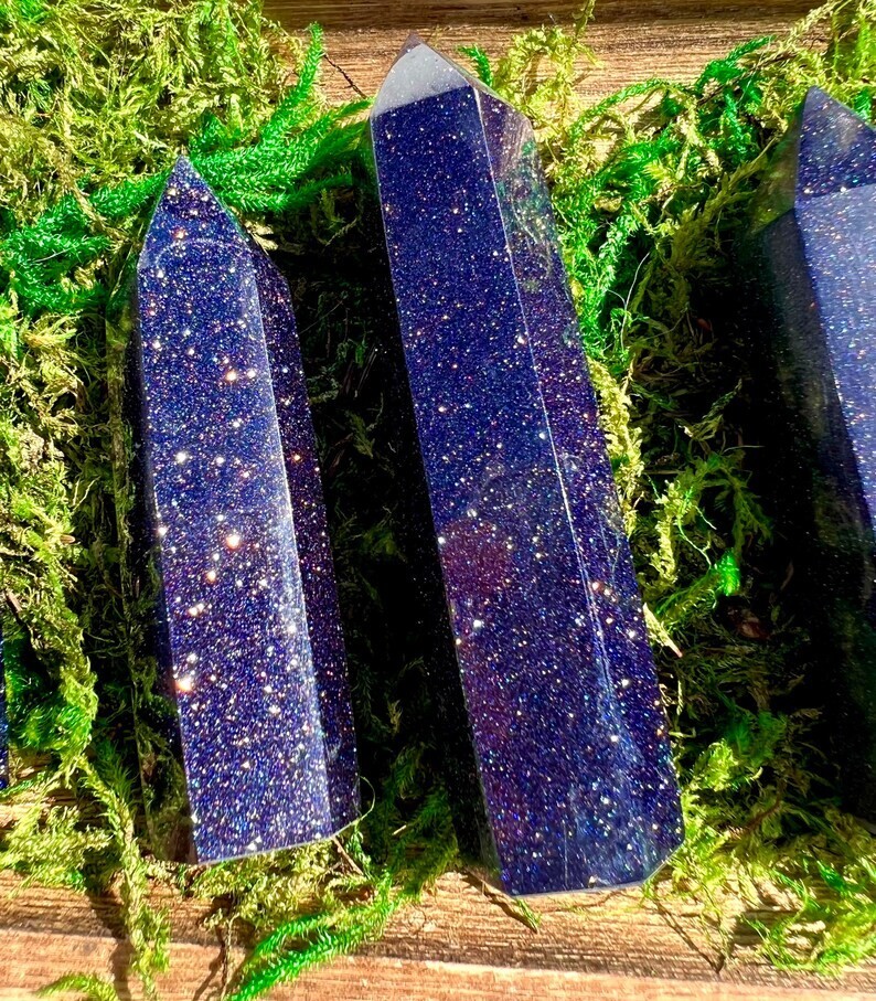 Blue Goldstone Healing Crystal Wand Obelisk Tower Point Home Office Decor Gifts