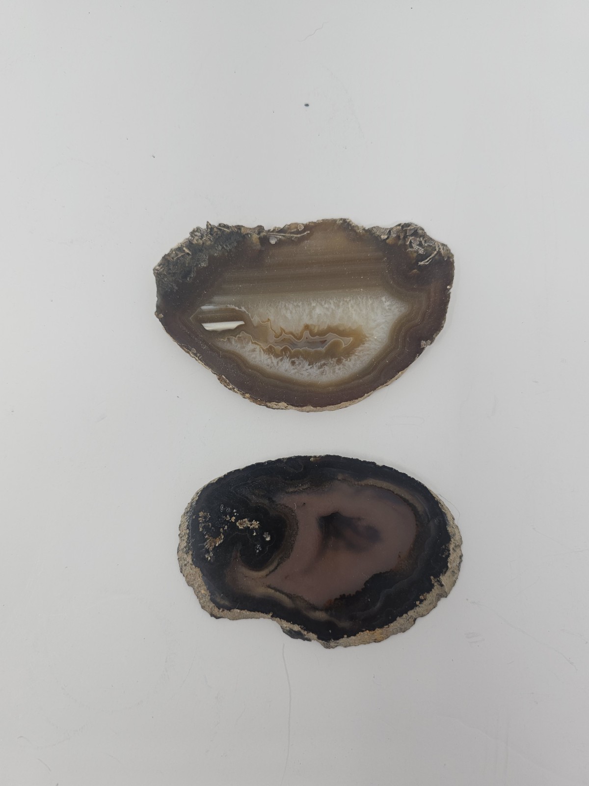 2 Natural Agate Geode Slices Approx. 5″ Long Browns Grays Dark Blue Colors