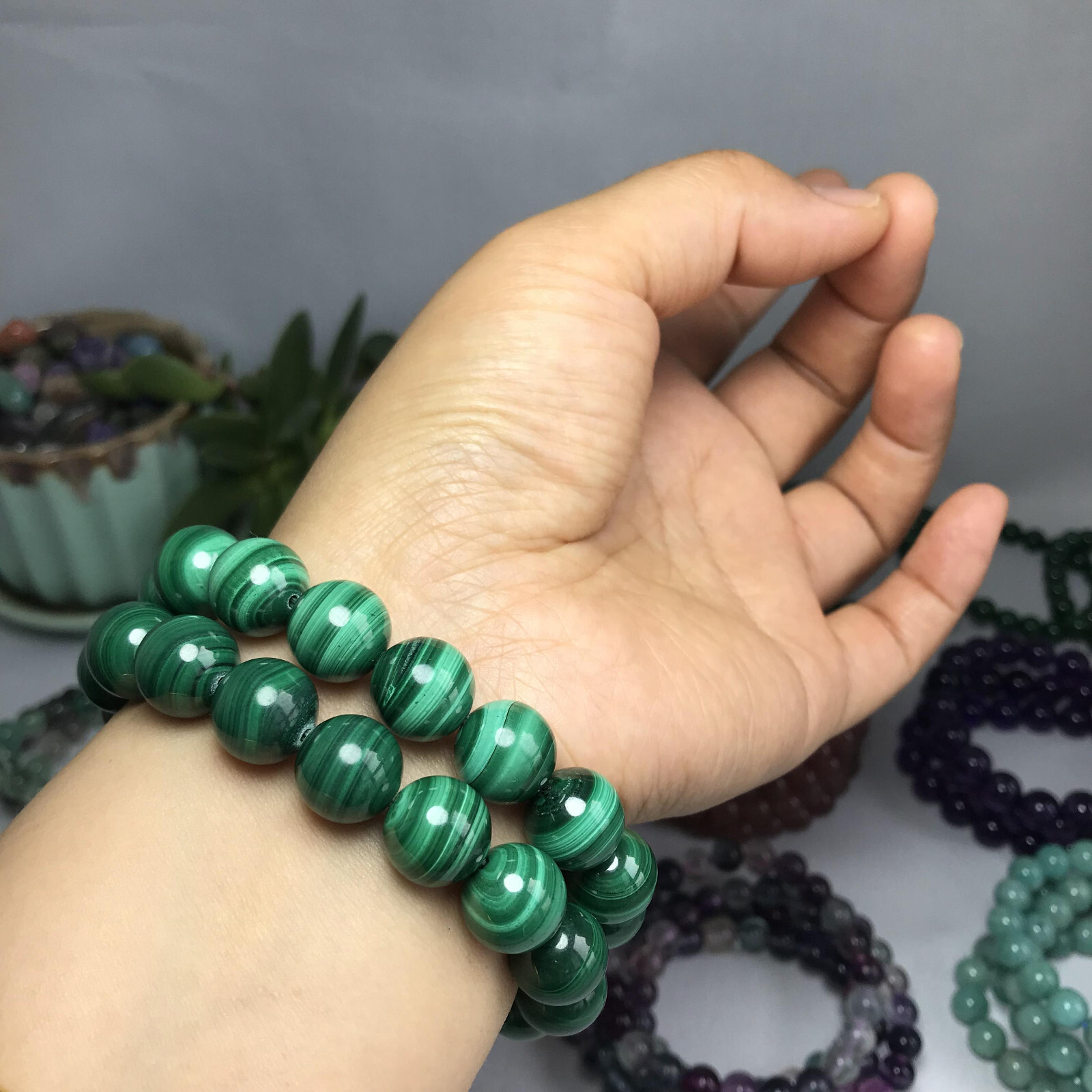 12mm Natural malachite gemstone Crystal chain beads bracelet 62-33g A5261