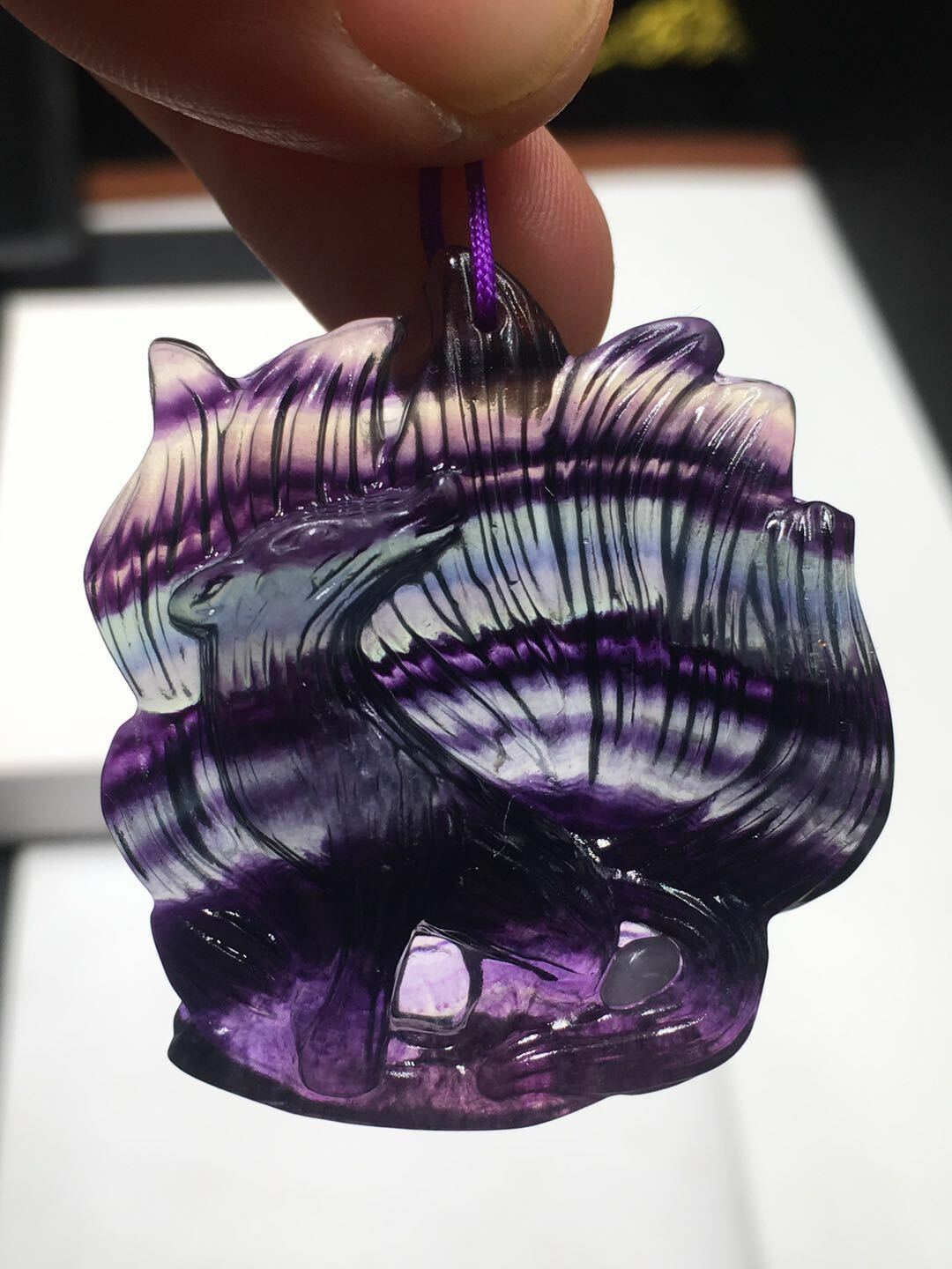 Natural Colorful Rainbow Fluorite Quartz Crystal Carved Nine-Tail Fox Pendant
