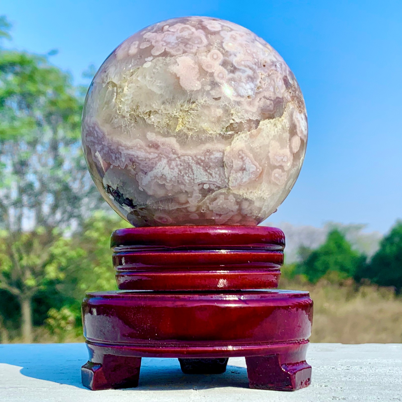 1.92LB Natural Pink Cherry Blossom Agate Geode Quartz Sphere Crystal Energy Ball